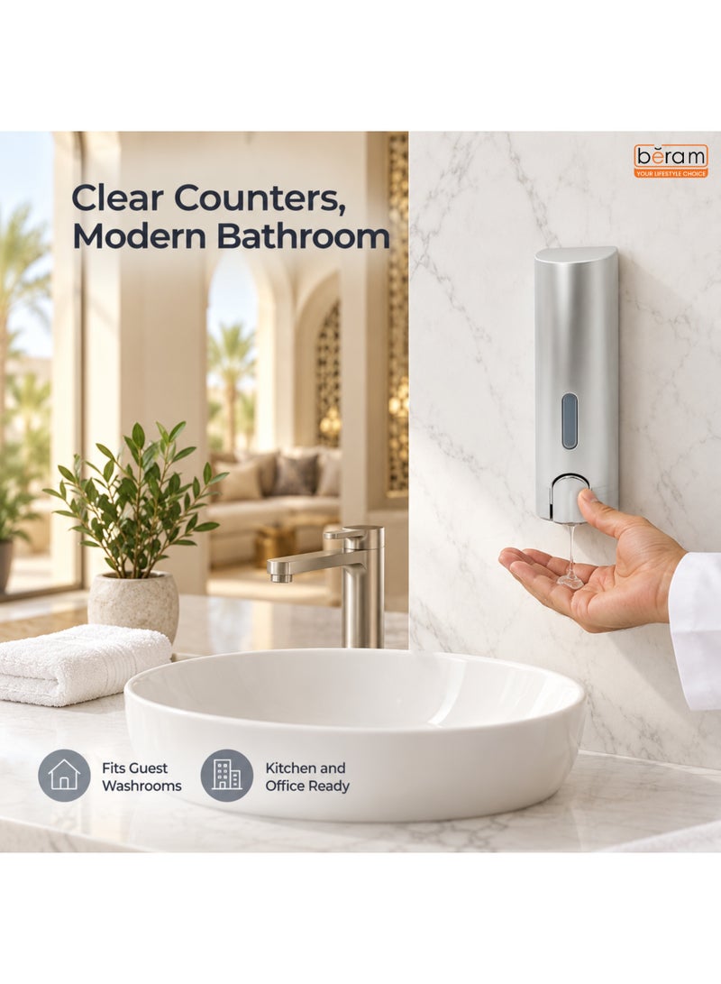 BERAM Wall Mounted Soap Dispenser 400ml Refillable Liquid Dispenser with Transparent Window, Silver Grey for Bathroom, Kitchen and Office - Image 4