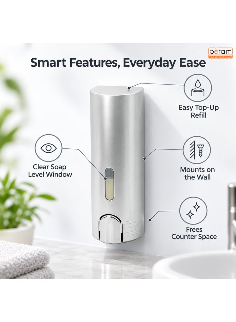 BERAM Wall Mounted Soap Dispenser 400ml Refillable Liquid Dispenser with Transparent Window, Silver Grey for Bathroom, Kitchen and Office - Image 3