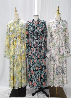 Generic Elegant Middle Eastern Ruffled Dress with Bow Tie Neckline  Chic Printed Fabric - Stylish Casual  - Image 3
