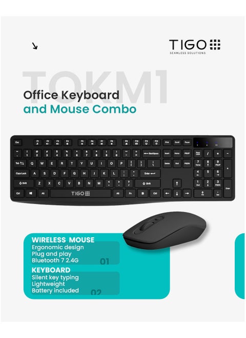 Universal Silent Wireless Keyboard & Mouse Combo, English & Arabic Ergonomic 2.4GHz USB-Receiver Plug n Play Wireless Mouse 12 FN Keys PC/Laptop Black