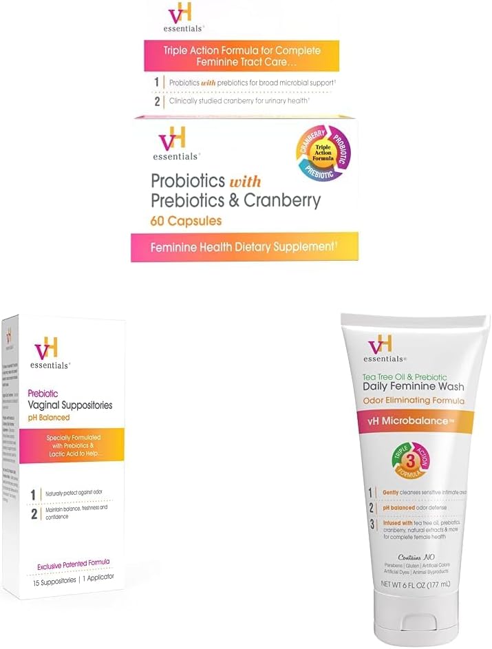 vH essentials Probiotics  60 Capsules  Prebiotic PH Balanced Vaginal SuppositoriesBox Original Version 15 Count  Ph Balanced Daily Feminine Wash 6 Fl Oz Pack of 1 54306 Clear - Image 1