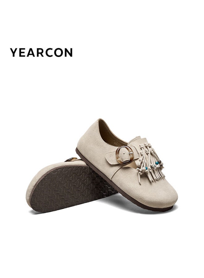 YEARCON Yierkang Women's Fringed Leather Buckle Shoes With Pointed Toe Fashionable Loafers 26351w Beige Size 38 - Image 4