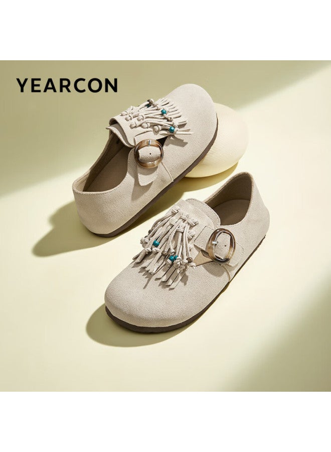 YEARCON Yierkang Women's Fringed Leather Buckle Shoes With Pointed Toe Fashionable Loafers 26351w Beige Size 38 - Image 1
