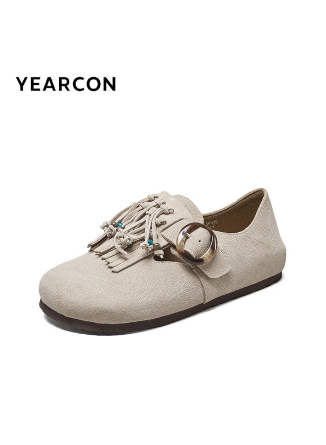 YEARCON Yierkang Women's Fringed Leather Buckle Shoes With Pointed Toe Fashionable Loafers 26351w Beige Size 38 - Image 3