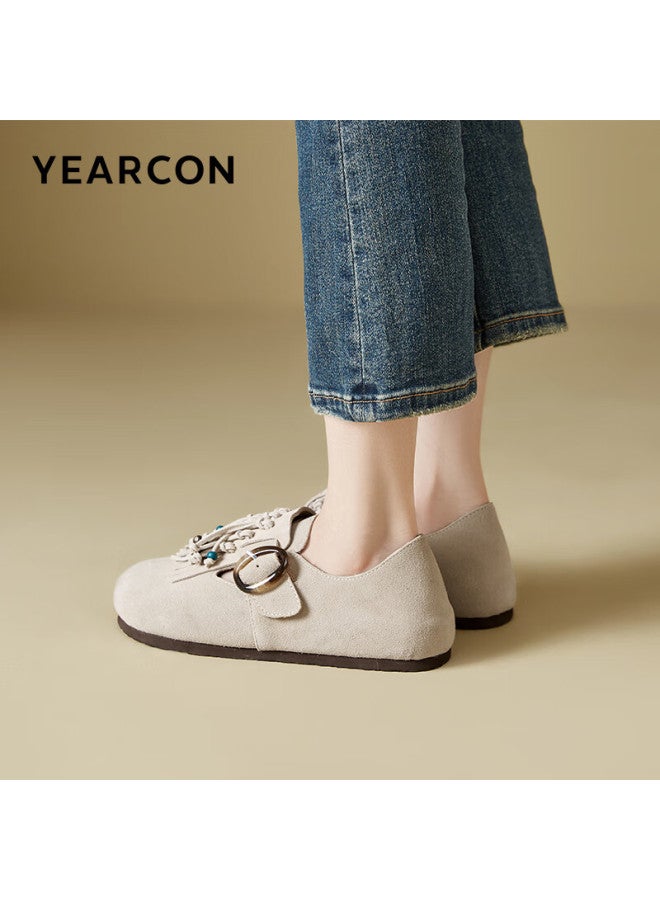 YEARCON Yierkang Women's Fringed Leather Buckle Shoes With Pointed Toe Fashionable Loafers 26351w Beige Size 38 - Image 2