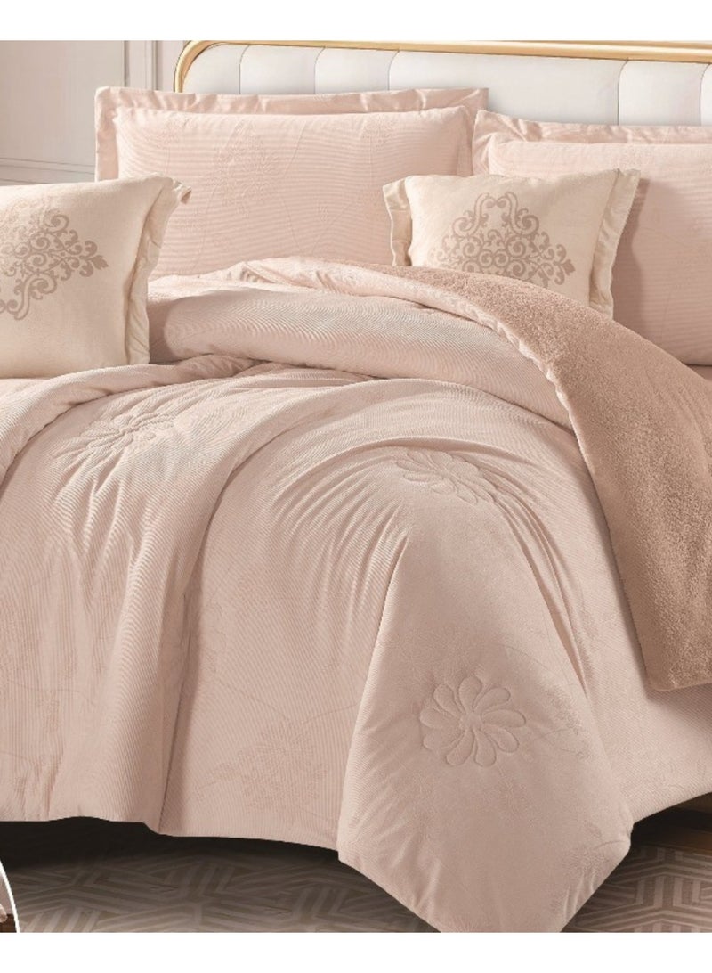SMART HOME Double-sided winter Comforter (velvet and faux fur) with shiny jacquard patterns –6-piece Luxurious full double duvet set includes a 250x230 cm duvet cover, a 200x200+30 cm fitted sheet, two 50x75+5 cm pillowcases, and two 45x45+5 cm square pillowcases – Elegant, soft, and warm hotel-style bedding. - Image 2