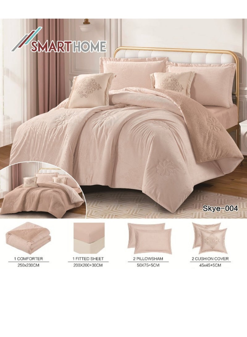 SMART HOME Double-sided winter Comforter (velvet and faux fur) with shiny jacquard patterns –6-piece Luxurious full double duvet set includes a 250x230 cm duvet cover, a 200x200+30 cm fitted sheet, two 50x75+5 cm pillowcases, and two 45x45+5 cm square pillowcases – Elegant, soft, and warm hotel-style bedding. - Image 3