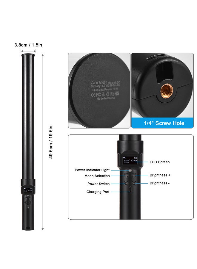ANDOER - Andoer D3 Handheld RGB Light Tube LED Video Light Wand 2500K-9900K Dimmable 21 Lighting Scene Effects Built-in Battery with LCD Screen Remote Contro - Image 1