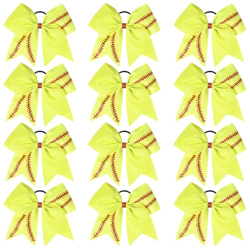DEEKA 12 PCS Softball Cheer Bows with 2 Glitter Stitching Cheerleader Team Bows Elastic Band for Softball Sports Girls Neon YellowRed Stitching - Image 1