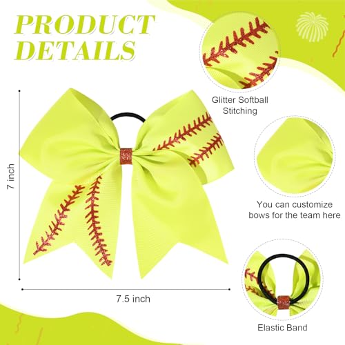 DEEKA 12 PCS Softball Cheer Bows with 2 Glitter Stitching Cheerleader Team Bows Elastic Band for Softball Sports Girls Neon YellowRed Stitching - Image 3