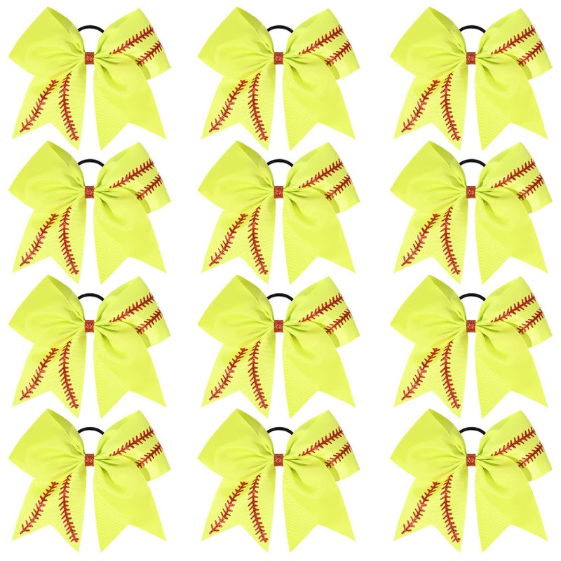 DEEKA 12 PCS Softball Cheer Bows with 2 Glitter Stitching Cheerleader Team Bows Elastic Band for Softball Sports Girls Neon YellowRed Stitching - Image 2