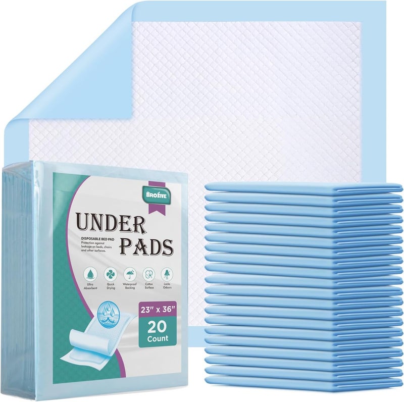 Brosive Disposable Bed Pads for Incontinence 23" x 36" - 20 Count, Leak-Proof Chucks Pads for Adults, Kids and Pets, Absorbent Disposable Underpads, Incontinence Bed Pads Disposable for Beds - Image 1