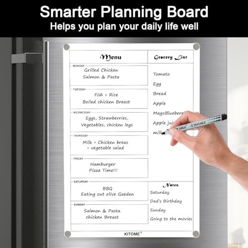 KITOME Magnetic Weekly Meal Planner for Fridge – 30x21cm Acrylic Dry Erase Whiteboard with Marker – Easy to Clean, Reusable Menu Board, Grocery List & to-Do Planner for Kitchen Organization - Image 3