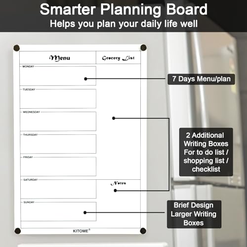 KITOME Magnetic Weekly Meal Planner for Fridge – 30x21cm Acrylic Dry Erase Whiteboard with Marker – Easy to Clean, Reusable Menu Board, Grocery List & to-Do Planner for Kitchen Organization - Image 2
