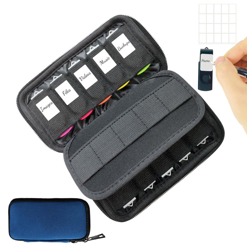 JBOS USB Flash Drive Case with 10 USB Drive Slots and 10 Memory Card Slots Storage Organizer Case Holder for Thumb Drives Jump Drives SD Cards with Zipper Bag Blue - Image 1