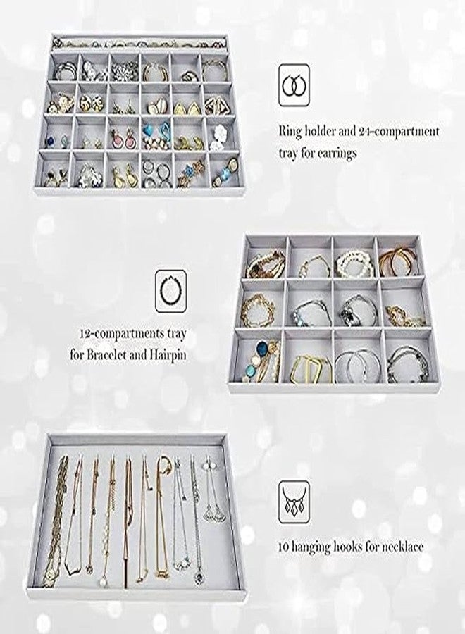 HETVIN 4 Pack Velvet Jewelry Trays Organizer, Stackable Jewelry Display Case Drawer Inserts Tray, Necklace Storage Holder for Earring, Ring, Bracelet, Brooch, Watch, Multi-slot Design(Tray) - Image 4