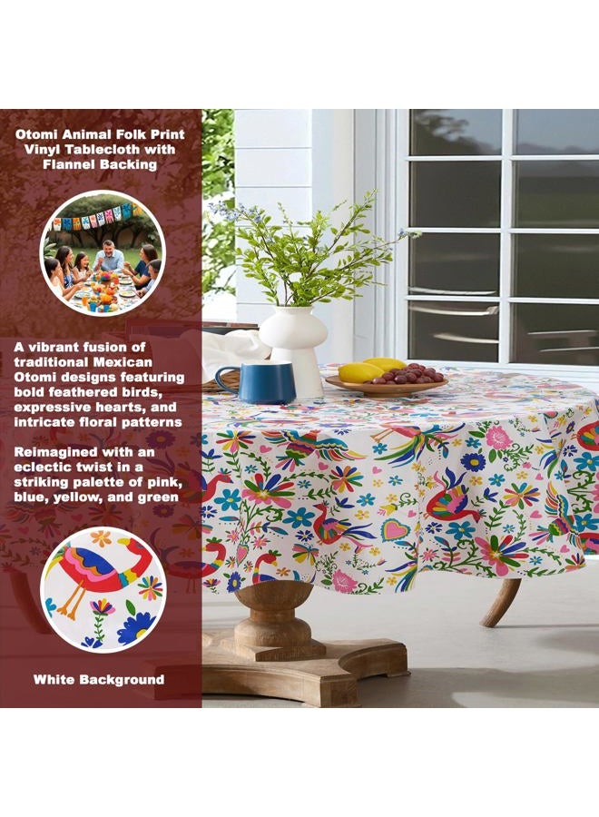 Newbridge Otomi Birds Eclectic Bold Print Vinyl Flannel Backed Indoor/Outdoor Tablecloth - Mexican Otomi, Hearts, Floral Design Easy Care, Wipe Clean Tablecloth, 60 Inch x 84 Inch Oval - Image 2