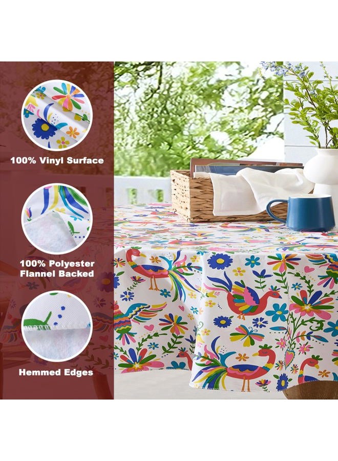 Newbridge Otomi Birds Eclectic Bold Print Vinyl Flannel Backed Indoor/Outdoor Tablecloth - Mexican Otomi, Hearts, Floral Design Easy Care, Wipe Clean Tablecloth, 60 Inch x 84 Inch Oval - Image 4