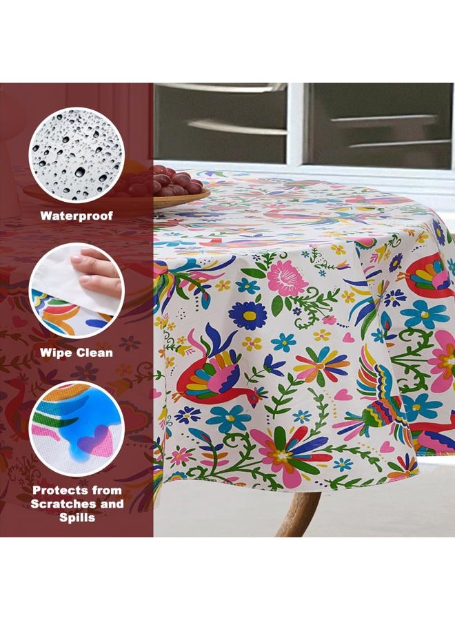 Newbridge Otomi Birds Eclectic Bold Print Vinyl Flannel Backed Indoor/Outdoor Tablecloth - Mexican Otomi, Hearts, Floral Design Easy Care, Wipe Clean Tablecloth, 60 Inch x 84 Inch Oval - Image 3