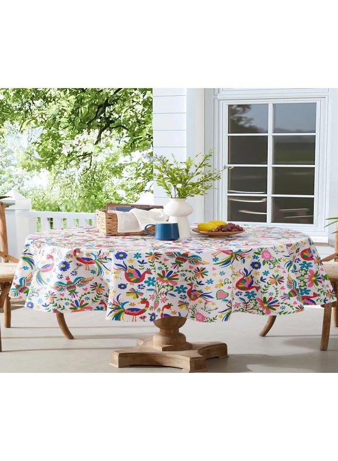 Newbridge Otomi Birds Eclectic Bold Print Vinyl Flannel Backed Indoor/Outdoor Tablecloth - Mexican Otomi, Hearts, Floral Design Easy Care, Wipe Clean Tablecloth, 60 Inch x 84 Inch Oval - Image 1