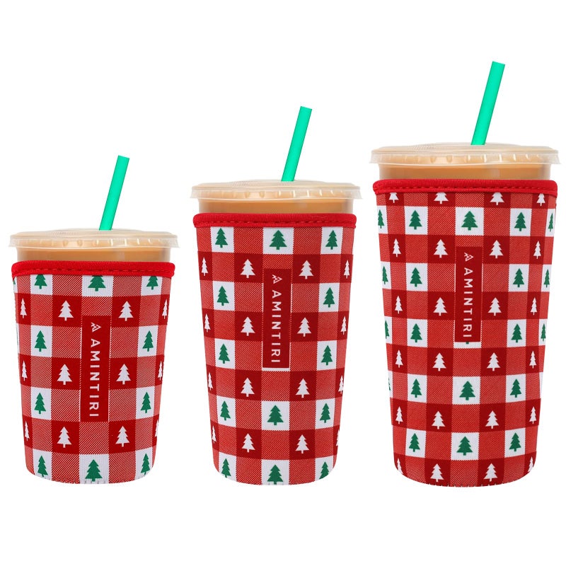 Amintiri 3 Pack Reusable Sleeve for Iced Coffee Cup  Coffee Neoprene Sleeve for Iced&Hot Drinks  Coffee Sleeve Compatible with Starbucks  Dunkin Coffee Cup. (Christmas Checkerboard) - Image 1