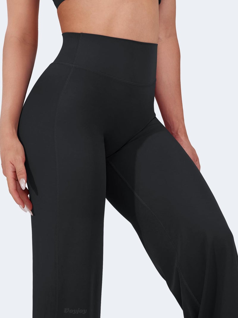 VOYJOY Straight Leggings Bottoms Wide Leg Pants for Women 29"/ 31.5"/33"/35" High Waist Stretch Casual Sweatpants Black - Image 2