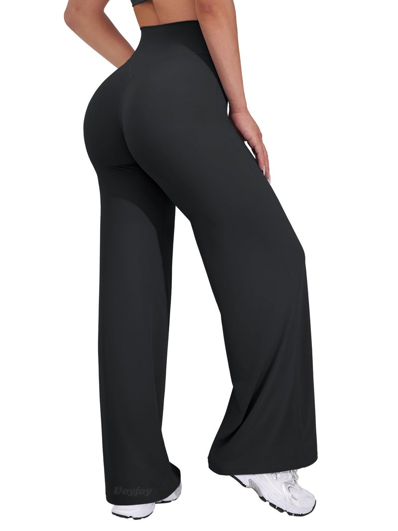 VOYJOY Straight Leggings Bottoms Wide Leg Pants for Women 29"/ 31.5"/33"/35" High Waist Stretch Casual Sweatpants Black - Image 1