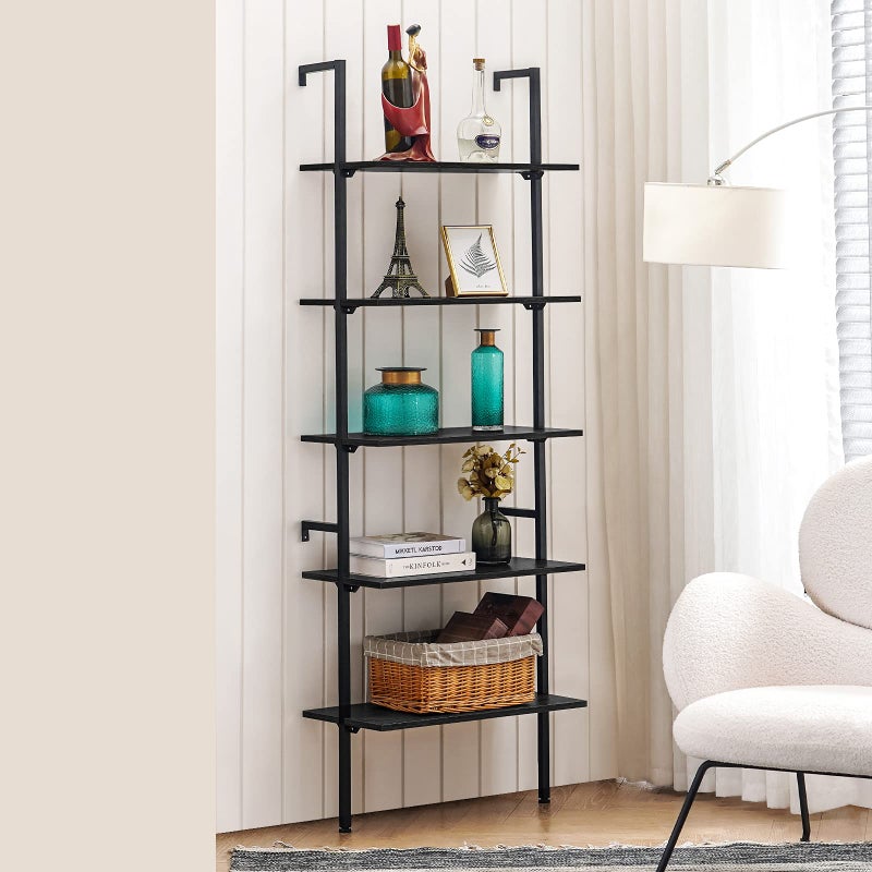 Apicizon Apicizon 5 Tier Ladder Shelf Bookshelf Industrial Bookshelf with Wood Shelves and Stable Metal Frame Open Wall Mount Bookcases Display Shelves for Home Office Bedroom Balcony Bathroom Black 