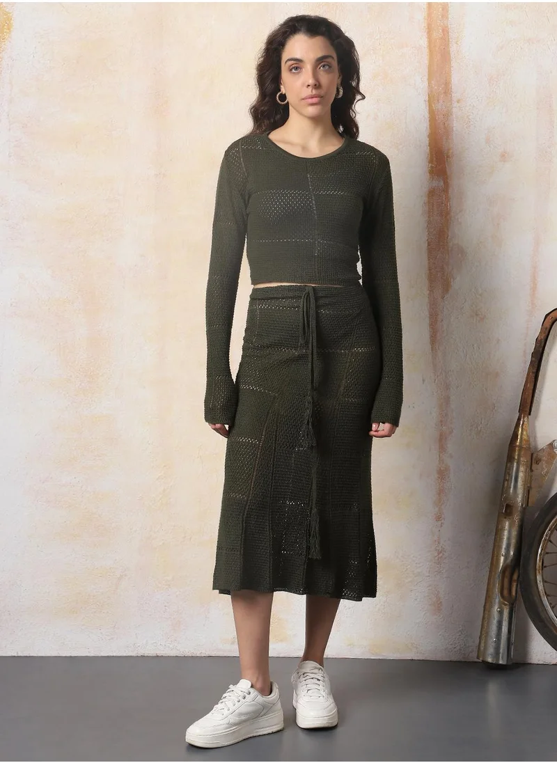 HIGH STAR Women's Olive 100% Cotton Solid Full Length Casual Regular Regular Fit Co-Ords