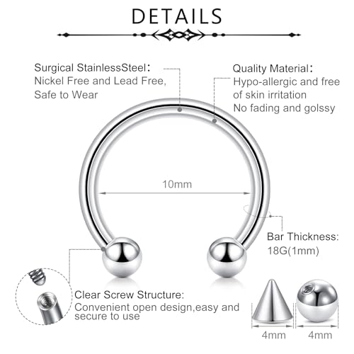 D.Bella 14G Surgical Steel Nose Septum Horseshoe Hoop Eyebrow Lip Navel Belly Nipple Piercing Ring 10mm Helix Tragus Daith Rook Earrings w Replacement Spikes - Image 2