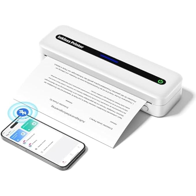 PORTABLE PRINTERS WIRELESS FOR TRAVEL, THERMAL INKLESS, 300 DPI, 2600 MAH, WIRELESS BLUETOOTH 5.0, SUPPORT 8.5" X 11" US LETTER & A4 SIZE, COMPATIBLE WITH IPHONE, IPAD, ANDROID, MAC & WINDOWS - WHITE - Image 1