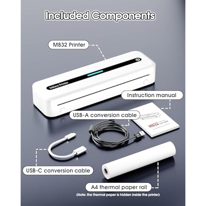 PORTABLE PRINTERS WIRELESS FOR TRAVEL, THERMAL INKLESS, 300 DPI, 2600 MAH, WIRELESS BLUETOOTH 5.0, SUPPORT 8.5" X 11" US LETTER & A4 SIZE, COMPATIBLE WITH IPHONE, IPAD, ANDROID, MAC & WINDOWS - WHITE - Image 3