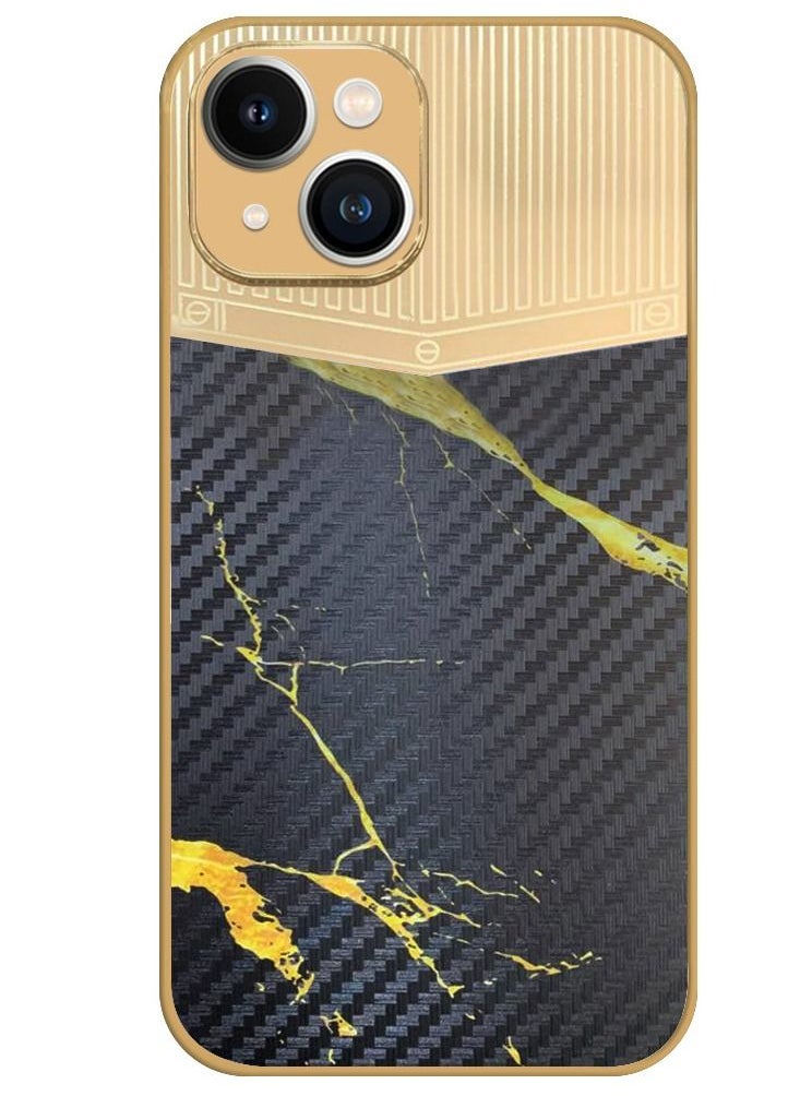 JOWAY - iPhone 13 Luxury Gold Plated Case Hybrid Electroplated Frame Back Cover with Carbon Fiber Texture Marble Pattern Black/Gold - Image 1