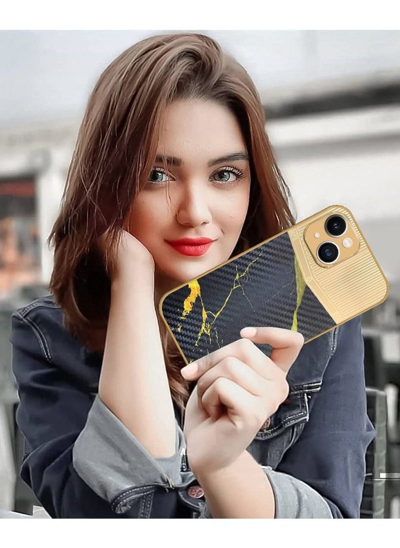 JOWAY - iPhone 13 Luxury Gold Plated Case Hybrid Electroplated Frame Back Cover with Carbon Fiber Texture Marble Pattern Black/Gold - Image 1