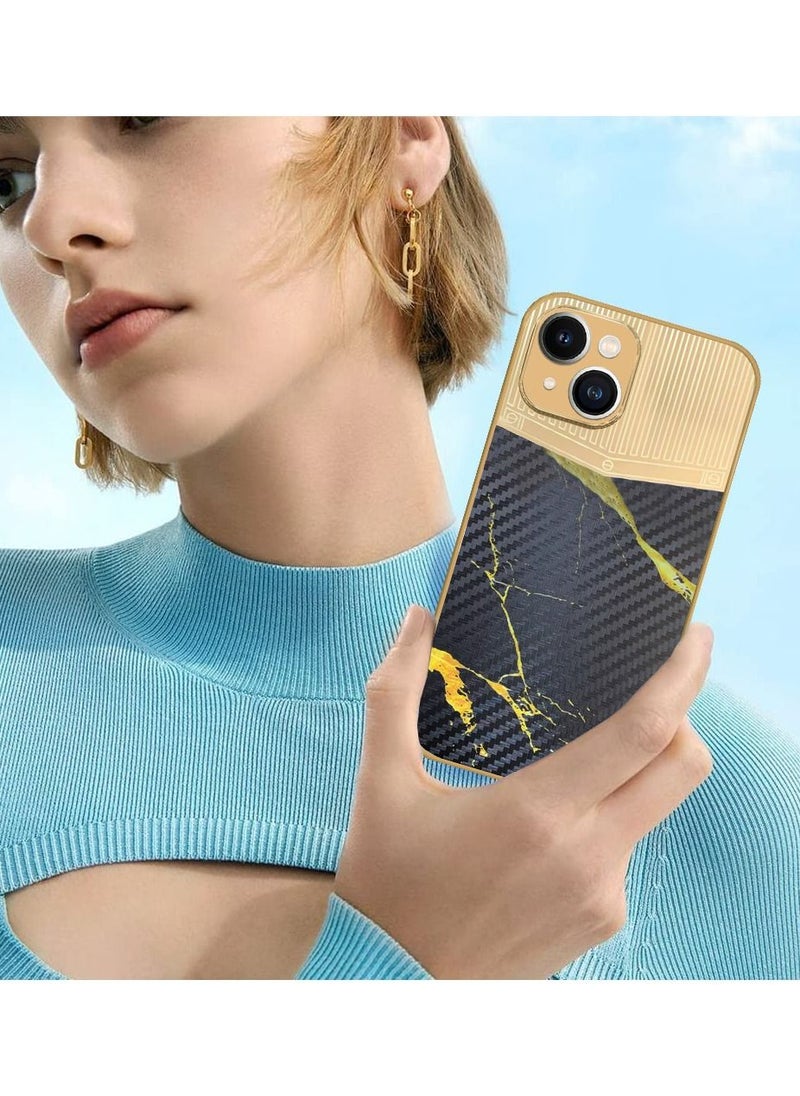 JOWAY - iPhone 13 Luxury Gold Plated Case Hybrid Electroplated Frame Back Cover with Carbon Fiber Texture Marble Pattern Black/Gold - Image 1
