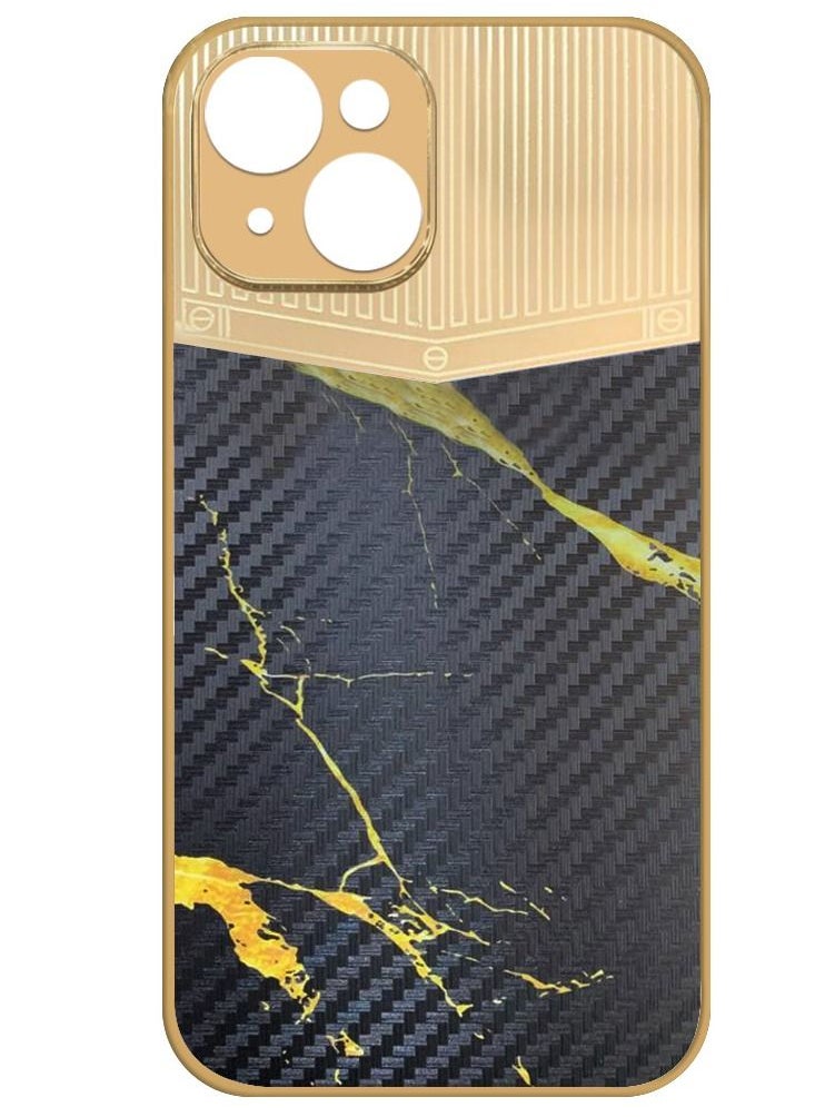 JOWAY - iPhone 13 Luxury Gold Plated Case Hybrid Electroplated Frame Back Cover with Carbon Fiber Texture Marble Pattern Black/Gold - Image 1