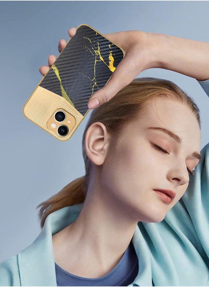 JOWAY - iPhone 13 Luxury Gold Plated Case Hybrid Electroplated Frame Back Cover with Carbon Fiber Texture Marble Pattern Black/Gold - Image 1