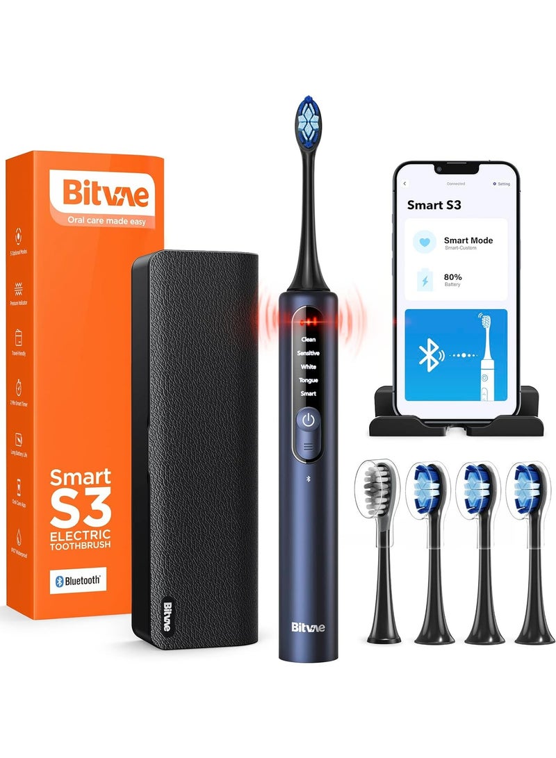 Bitvae Smart S3 Sonic Electric Toothbrush for Adults, 180-Day Battery Life Rechargeable Electric Power Toothbrush with Pressure Sensor, Electric Toothbrush with 4 Brush Heads, Travel Case, Dark Blue - Image 1