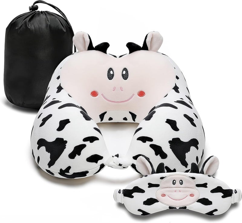 وسادة سفر للأطفال والكبار ، وسادة رقبة من الإسفنج الميموري للحيوان اللطيفة مع غطاء من الصوف الناعم ومجموعة قناع عين ، طقم وسادة سفر مع حقيبة منظم برباط ، قابل للغسل في الغسالة (بقرة) - Image 1