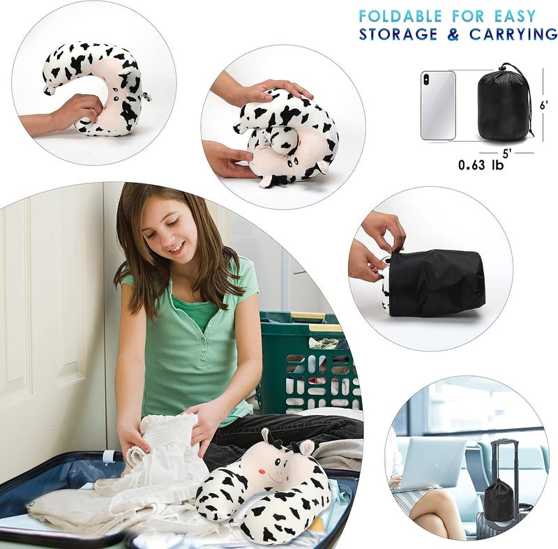 وسادة سفر للأطفال والكبار ، وسادة رقبة من الإسفنج الميموري للحيوان اللطيفة مع غطاء من الصوف الناعم ومجموعة قناع عين ، طقم وسادة سفر مع حقيبة منظم برباط ، قابل للغسل في الغسالة (بقرة) - Image 5