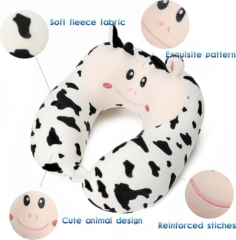 وسادة سفر للأطفال والكبار ، وسادة رقبة من الإسفنج الميموري للحيوان اللطيفة مع غطاء من الصوف الناعم ومجموعة قناع عين ، طقم وسادة سفر مع حقيبة منظم برباط ، قابل للغسل في الغسالة (بقرة) - Image 2