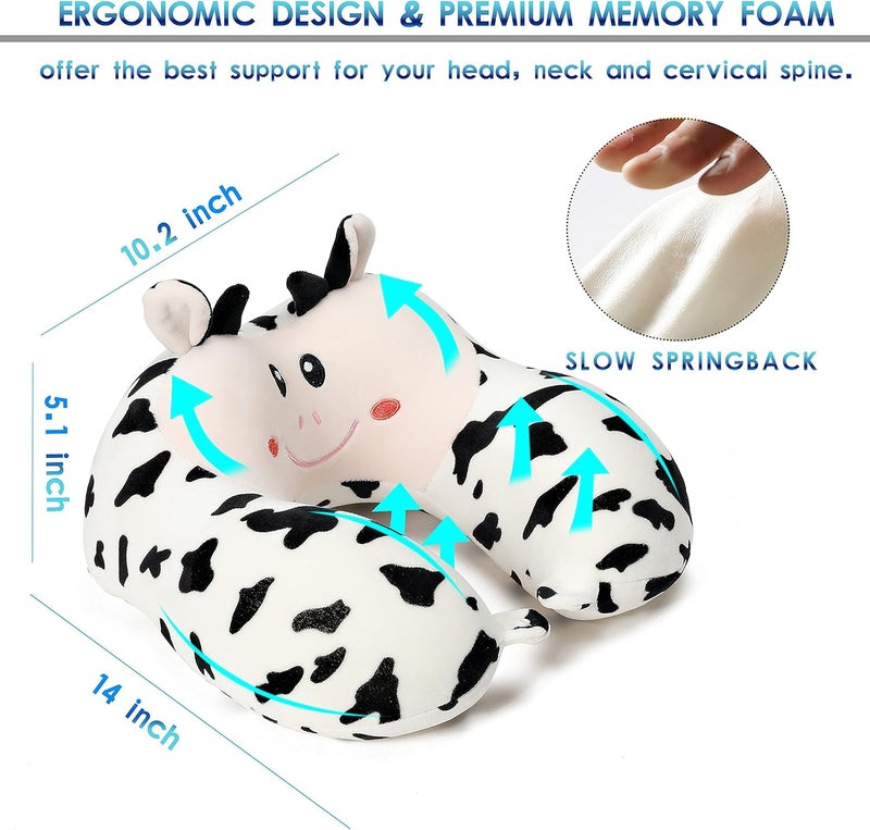وسادة سفر للأطفال والكبار ، وسادة رقبة من الإسفنج الميموري للحيوان اللطيفة مع غطاء من الصوف الناعم ومجموعة قناع عين ، طقم وسادة سفر مع حقيبة منظم برباط ، قابل للغسل في الغسالة (بقرة) - Image 3