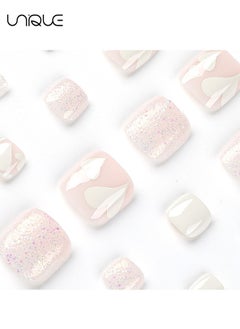 Unique 24Pcs Fake Nails, Press Nails, French foot Nails - Glitter Foot Armor - White Hear t-Shaped Foot Armor- Fake Nail Patch  - Image 3