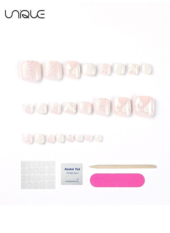 Unique 24Pcs Fake Nails, Press Nails, French foot Nails - Glitter Foot Armor - White Hear t-Shaped Foot Armor- Fake Nail Patch  - Image 4
