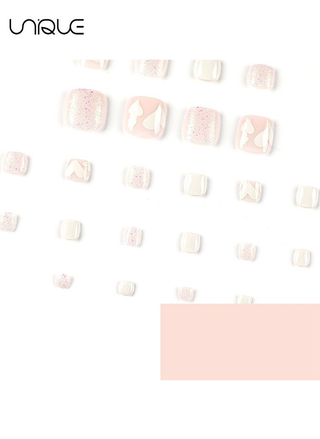 Unique 24Pcs Fake Nails, Press Nails, French foot Nails - Glitter Foot Armor - White Hear t-Shaped Foot Armor- Fake Nail Patch  - Image 2