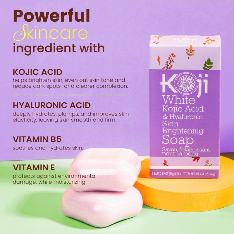 Koji White Kojic Acid & Hyaluronic Acid Skin Brightening Soap for Hydrating, Face Moisturizer, Skin Radiant, Cleansing Bar, Reduces the Appearance of Wrinkles with Vitamin E, Vegan, 2.82 Oz (2 Bars) - Image 4