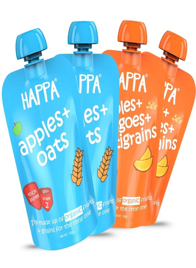 Happa Organic Baby Food Apple Mango Multigrain and Apple Oats Puree | 100% Fruits and Grains | No Added Sugar, No Milk Powder, No Preservatives | Stage 2 (6 Months+) | Ready to Eat | Free from Common Allergens | Pack of 4 (100g Each) - Image 1