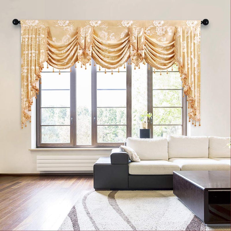 ELKCA Golden Jacquard Waterfall Valance for Living Room Luxury Floral Curtain Valance for Bedroom FloralGolden W79 Inch 1 Panel