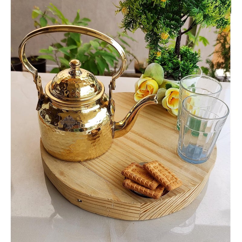 INDIAN ART VILLA Hammered Designer Brass Tea Kettle Pot Inside Tin Lining Serving Tea Coffee Tableware 550 ML Gold - Image 1