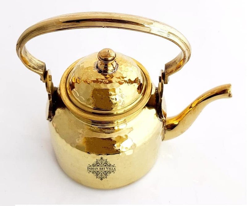 INDIAN ART VILLA Hammered Designer Brass Tea Kettle Pot Inside Tin Lining Serving Tea Coffee Tableware 550 ML Gold - Image 2